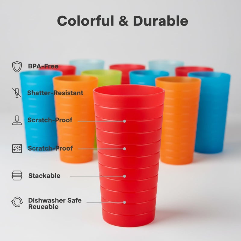 AOYITE Reusable Plastic Cups 22 oz - Unbreakable Hard Kids Cups - BPA Free Dishwasher Safe Drinking Cup set of 12 - Stackable Water Tumblers for Kitchen Camping Party Outdoor - Image 2